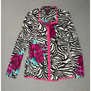 Sylvia Oh Zebra Floral Full Zip Jacket Sheer Long Sleeve Maximalist Artsy Sz M